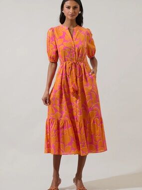 Sugarlips Orange and Pink Floral Tie-Waist Midi Dress